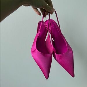 Zara Hot Pink Satin Pointed Slingback Heels